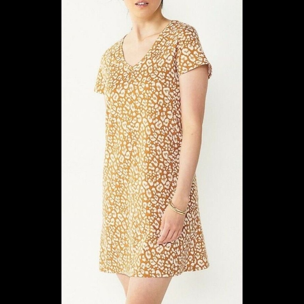 NINE WEST~Ladies' SHORT SLEEVE TAN & WHITE CHEETAH PRINT TUNIC DRESS SIZE S